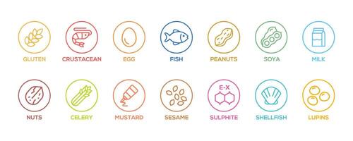 Simple Isolated Vector Logo Set Badge Ingredient Warning Label. Colorful Allergens icons. Food Intolerance. The 14 allergens required to declare written in english