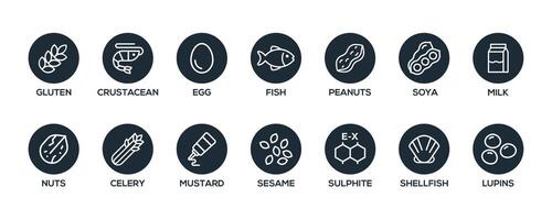 Isolated Vector Logo Set Badge Ingredient Warning Label. Black and white Allergens icons. Food Intolerance. The 14 allergens required to declare written in english