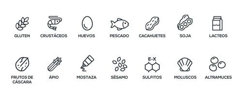 Simple Isolated Vector Logo Set Badge Ingredient Warning Label. Black and white Allergens icons. Food Intolerance. The 14 allergens required to declare written in Spanish