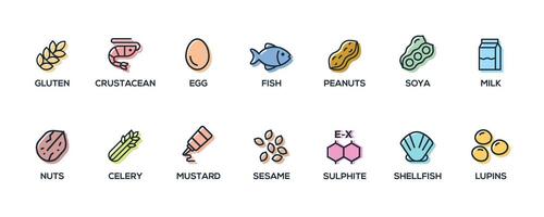 Simple Isolated Vector Logo Set Badge Ingredient Warning Label. Colorful Allergens icons. Food Intolerance. The 14 allergens required to declare written in English