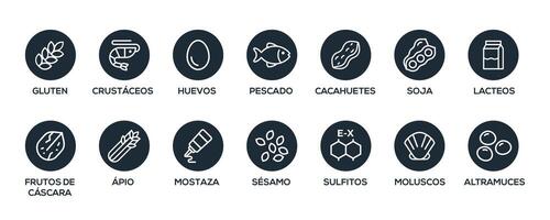 Isolated Vector Logo Set Badge Ingredient Warning Label. Black and white Allergens icons. Food Intolerance. The 14 allergens required to declare written in spanish