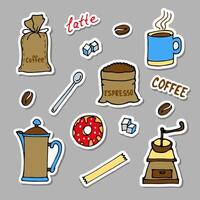 Vector set of colored stickers with images of coffee and coffee utensils.