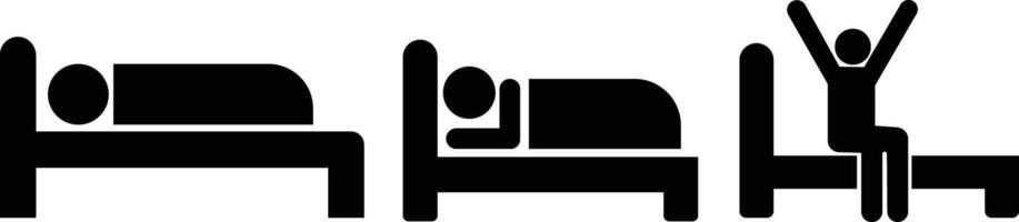 dormido hombre con diferente dirección en cama y obtener arriba icono en plano colocar. aislado en hombre acostado en cama teniendo un sueño concepto modelo. símbolo vector para aplicaciones sitio web