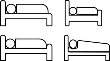 dormido hombre en cama icono en línea colocar. aislado en hombre acostado en cama teniendo un sueño concepto modelo. símbolo alojamiento para hotel, Albergue, motel. vector para aplicaciones sitio web