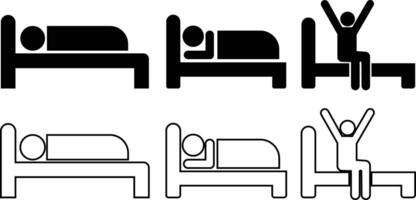 Sleeping man with different direction on bed and get up icon in flat, line set. isolated on Man lying in bed having a dream concept template. symbol vector for apps website