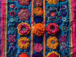 AI generated A close up of a vibrant piece of cloth adorned with intricate flowers, showcasing the essence of nature and craftsmanship. photo