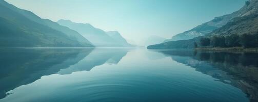 AI generated Peaceful morning view of a calm lake reflecting the surrounding mountains and trees under a clear blue sky. photo