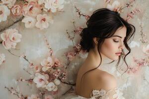 AI generated Bridal portrait with soft-focus spring blossoms, capturing a moment of contemplative beauty photo