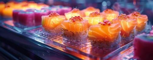 AI generated Digital art concept of sushi with glowing edges and dynamic light particles, representing modern cuisine technology photo