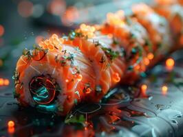 AI generated Digital art concept of sushi with glowing edges and dynamic light particles, representing modern cuisine technology photo