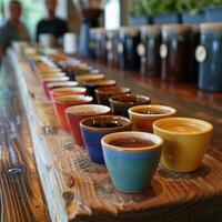 AI generated A diverse selection of coffee cups lined up for a tasting event at a rustic wooden coffee bar photo