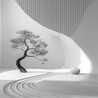 AI generated Abstract monochrome composition featuring a solitary tree and a spherical stone in a serene Zen garden with textured lines and shadows photo