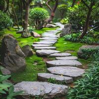 AI generated Stone path leads through a lush, green garden, inviting a peaceful walk amidst nature's beauty photo