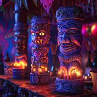 AI generated Wooden tiki torches emit a warm glow, enhancing the ambience of a festive Polynesian themed photo