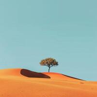 AI generated A single tree stands resilient against the vastness of a sandy desert dune, under a clear blue sky photo