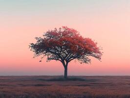 AI generated Solitary Tree in Serene Sunset Landscape photo