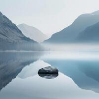 ai generado un sereno, brumoso lago escena con un soltero Roca en el primer plano y desmayarse montaña siluetas reflejando en el calma agua superficie foto