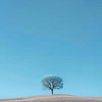 ai generado un soltero, sin hojas árbol soportes rígido en contra un claro azul cielo, encima un suavemente laminación colina cubierto en prístino nieve foto