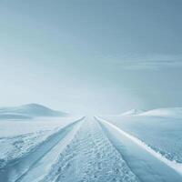 AI generated A pair of tire tracks carve a path through a pristine snowy landscape, under the soft light of the Arctic sun photo