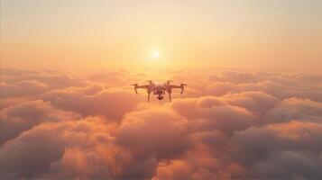 AI generated A drone navigating through the clouds during sunset photo
