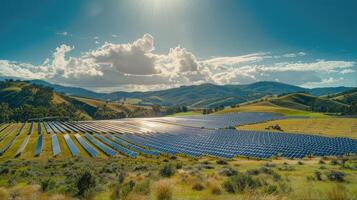 ai generado solar paneles en inclinado tierra con montañas en el antecedentes foto