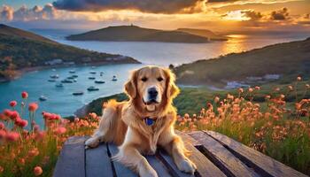 AI generated Adorable Golden Retriever Dog Relaxing in the Greenery With Blurred Background photo