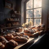ai generado Pastelería tienda-panaderia con de madera encimera y Fresco pasteles en el luz de sol foto