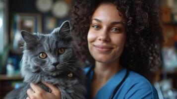 ai generado retrato de contento hembra veterinario tomando cuidado de gato a recepción en veterinario clínica foto