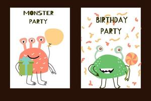 conjunto de cumpleaños aniversario carteles con linda monstruos vector