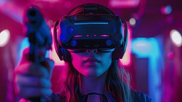 ai generado un niña usa un vr auriculares y obras de teatro un disparo juego en un virtual realidad habitación. foto