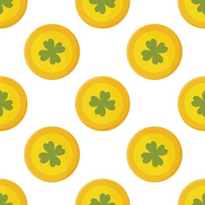 St. patrick's day seamless pattern, clover and gold coins. vector illustration