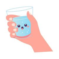 hand holding a glass of water character, h2o, for drinking soda vector illustration