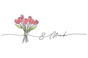 March 8, women's day, tulip flower bouquet tulip line art drawing, One continuous line drawing and text. for greeting card design vector