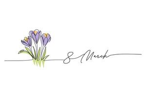 March 8, women's day, bouquet of flowers crocuses line art drawing, One continuous line drawing and text. for greeting card design vector