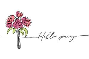 Hello spring, bouquet of peoniesline art drawing, One continuous line drawing and text. for postcard design vector