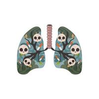 smoker's lungs, no tobacco day, giving up bad habits . lungs with green and with cigarette skulls vector
