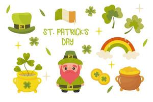 St. patrick's day set, leprechaun, pot of gold, clover, rainbow. On a white background. vector