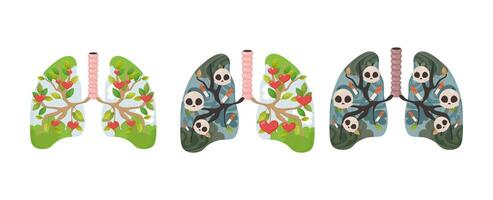 smoker's lungs, no tobacco day, giving up bad habits . lungs with green and with cigarette skulls vector