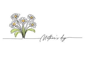 Mothers day, daisies line art drawing, one continuous line drawing. for postcard design. vector