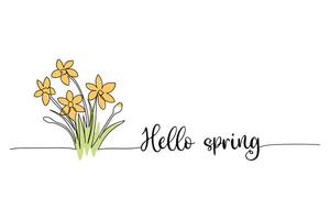 Hello spring, bouquet of daffodil line art drawing, One continuous line drawing and text. for postcard design vector