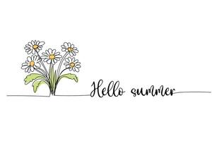 Hello summer, bouquet of daisy flowers line art drawing, One continuous line drawing and text. for postcard design vector