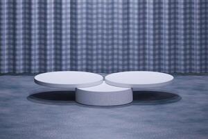 White circular podium in the stage room.3D realistic empty podium standing studio room on gray photo