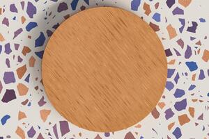 Circular wooden cutting board on the tile floor, top view .3d rendering photo