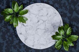 Top view of marble podium stand.Luxury mockup on circle marble with palm leaves. Abstract Background 3d Render photo