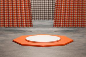 White and orange circular podiums in the stage room.Luxury White and orange circular podium with summer orange wall backdrop.3D rendering photo