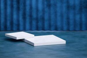 White square podium in blue curtain stage room. 3D rendering photo