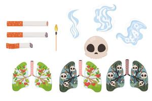 Set harm of smoking, day no tobacco, skull, cigarettes, lungs, smoke. Vector illustration on white background.