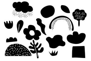 spring black and white childish naive objects, figures, geometric, multicolored for design cards, posters, banners vector