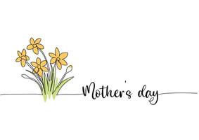 Mothers day, daffodil line art drawing, one continuous line drawing. for postcard design. vector