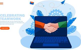 shake hand and congratulations in computer processes concept vector illustration